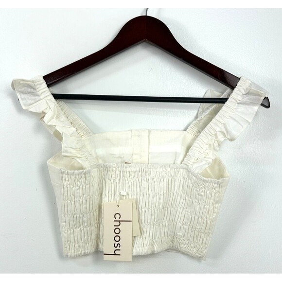 Choosy Amanda XS White Cream Cropped Top Center Buttons Ruffle Lined Smocked U4 - Picture 5 of 13